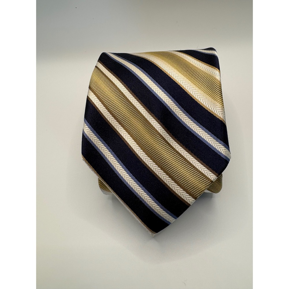 Robert Talbott Best of Class Silk Tie Navy Gold Blue Striped Hand Sewn USA
